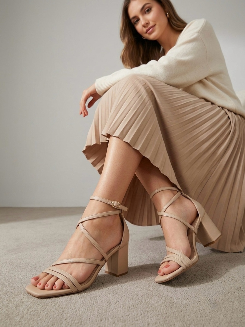 Women’s Strappy Block Heel Sandals in Beige